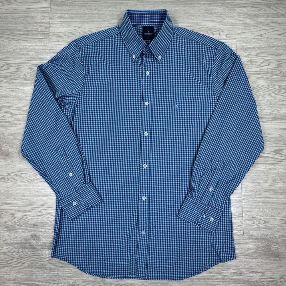 Tailorbyrd Men's Button Down Shirt Gingham Plaid‎ Blue Large Long Sleeve Stretch
